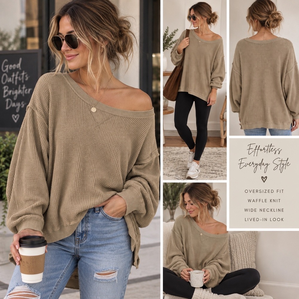 American Eagle Seriously Lived In Thermal Top M Tan Waffle Oversized Wide Neck